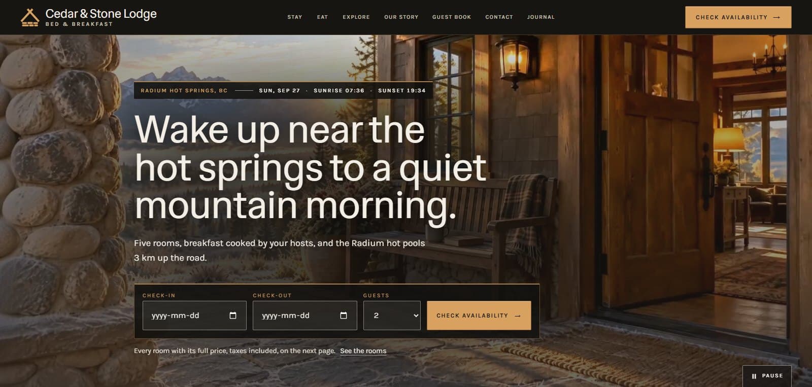 Cedar & Stone Lodge bed and breakfast concept homepage: the lodge doorway at first light with the booking bar