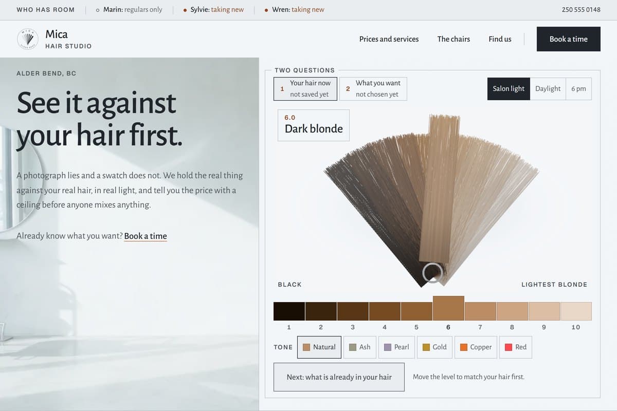 Mica Hair Studio salon concept homepage preview with the colour swatch ring